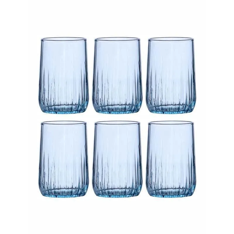 Set of six blue ribbed glass tumblers on a white background