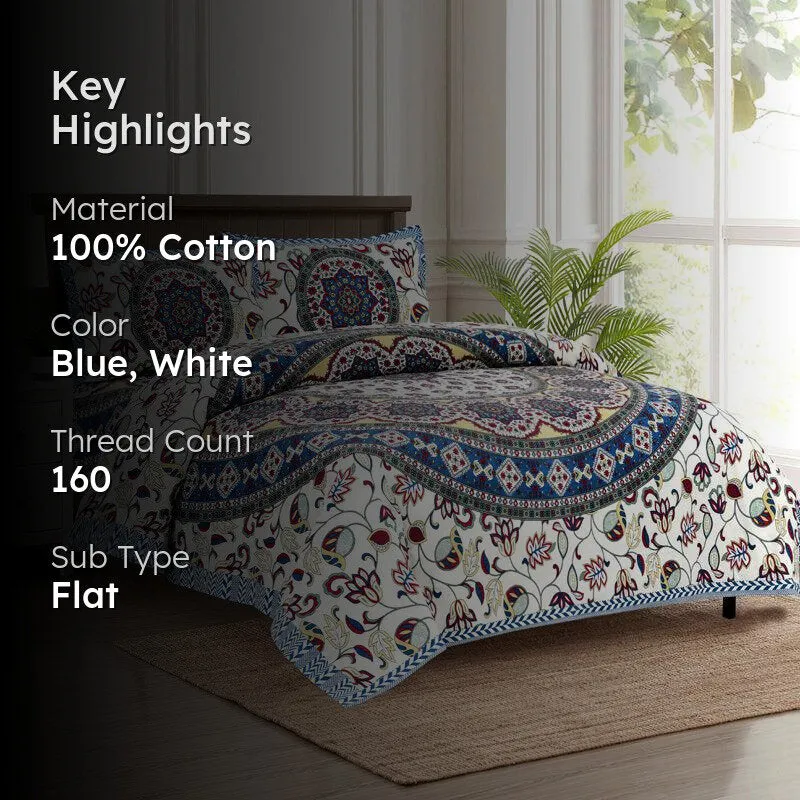 Niranja Ethnic Cotton Flat Bedsheet (Blue) - 160 TC media 2