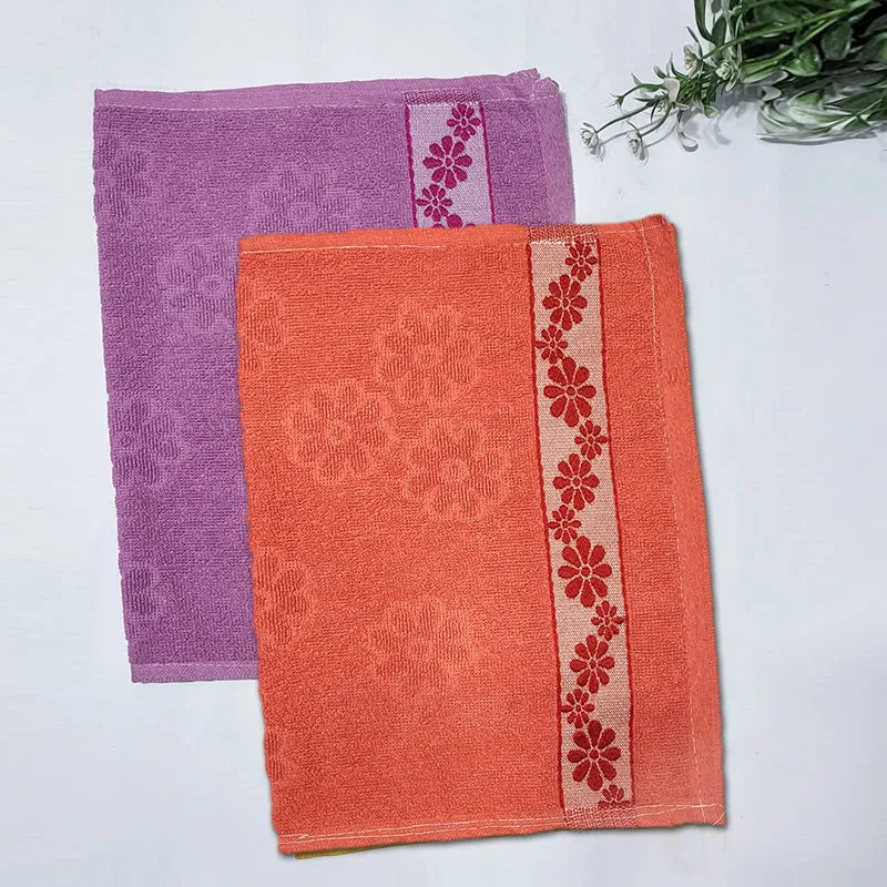 Wildflower Trim Cotton Hand Towel (Deep Orange & Purple) - Set Of Two media 1