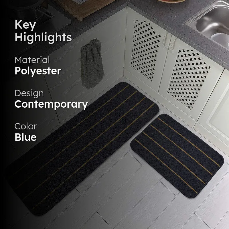 Navy striped kitchen mat and runner styled in a contemporary kitchen