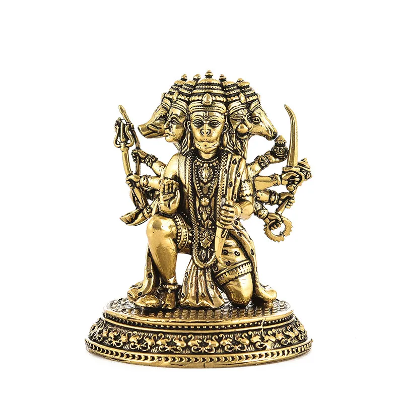Front view of the gold Panchmukhi Hanuman brass idol on a white background