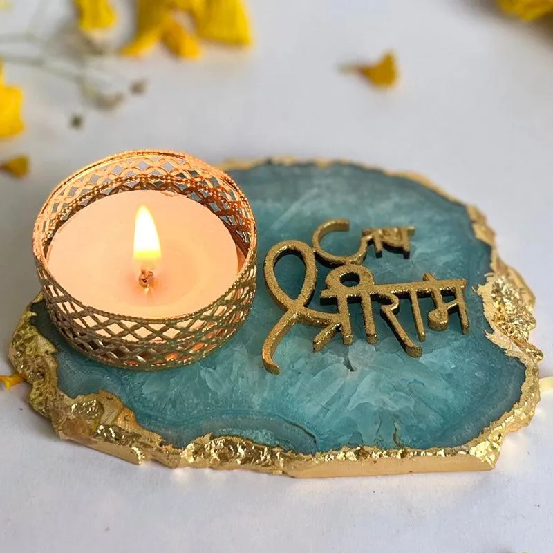 Jai Sri Ram Handcrafted Agate Tealight Candle Holder - Turquoise media 4