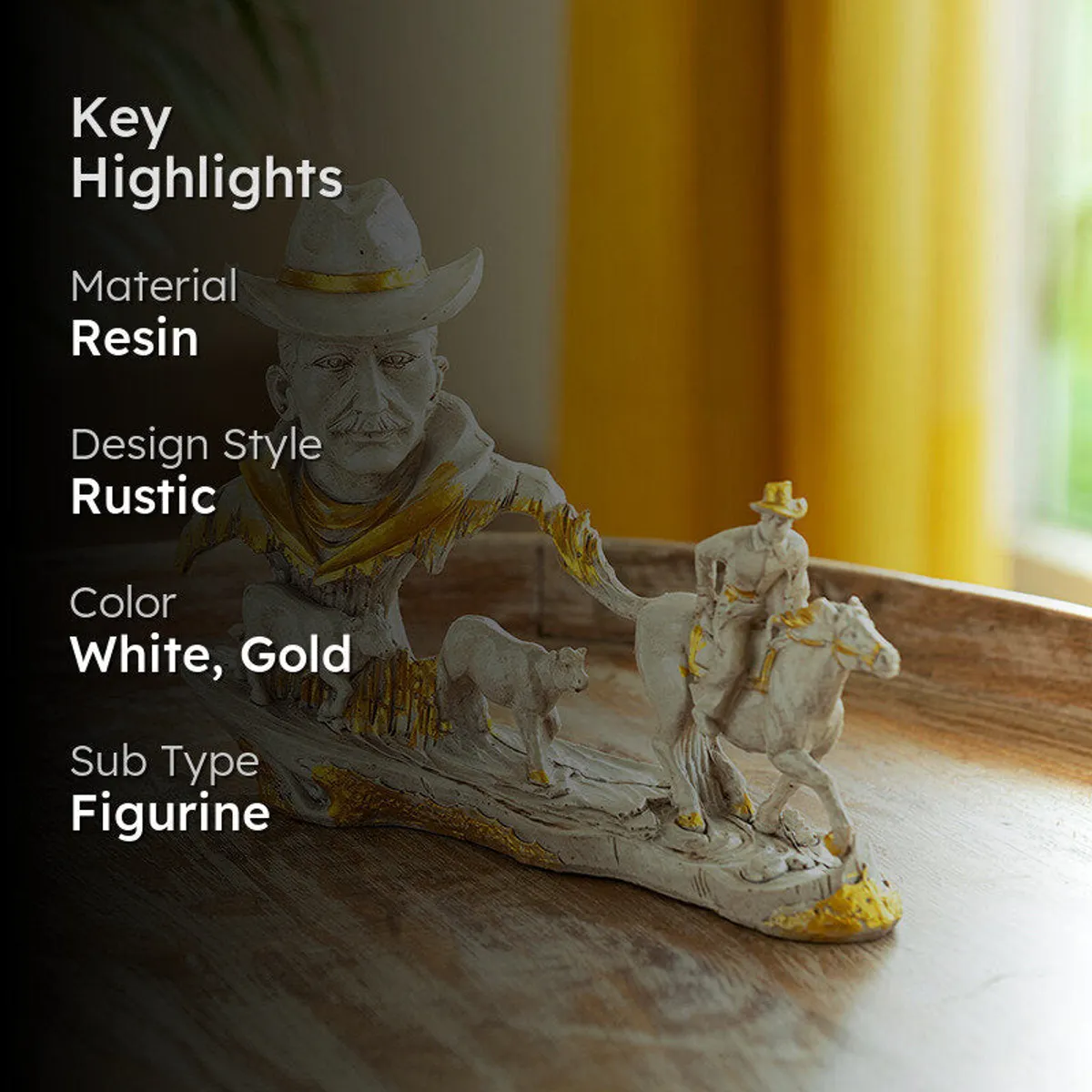 White and gold cowboy resin showpiece styled on a tabletop