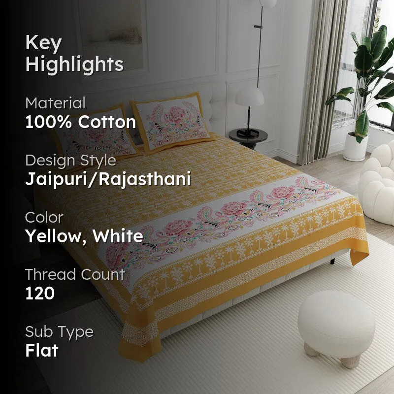 Ethnic Classic Cotton Bedsheet (Yellow,White) - 120 TC media 2