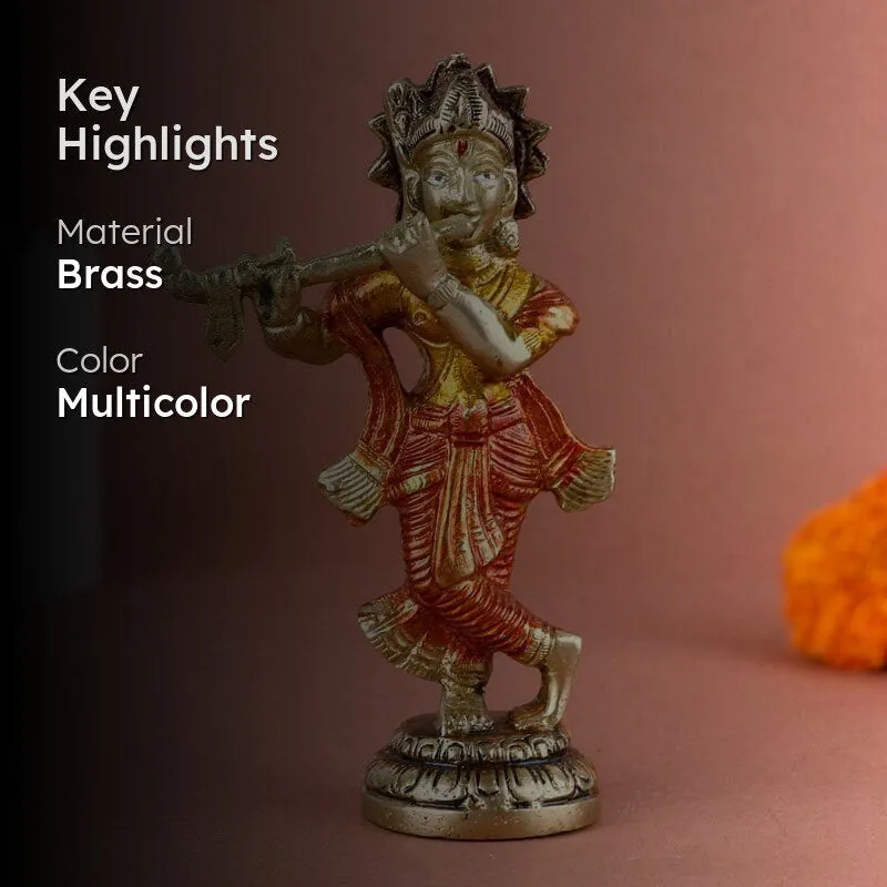 Colourful Krishna Brass Idol With Flute media 2