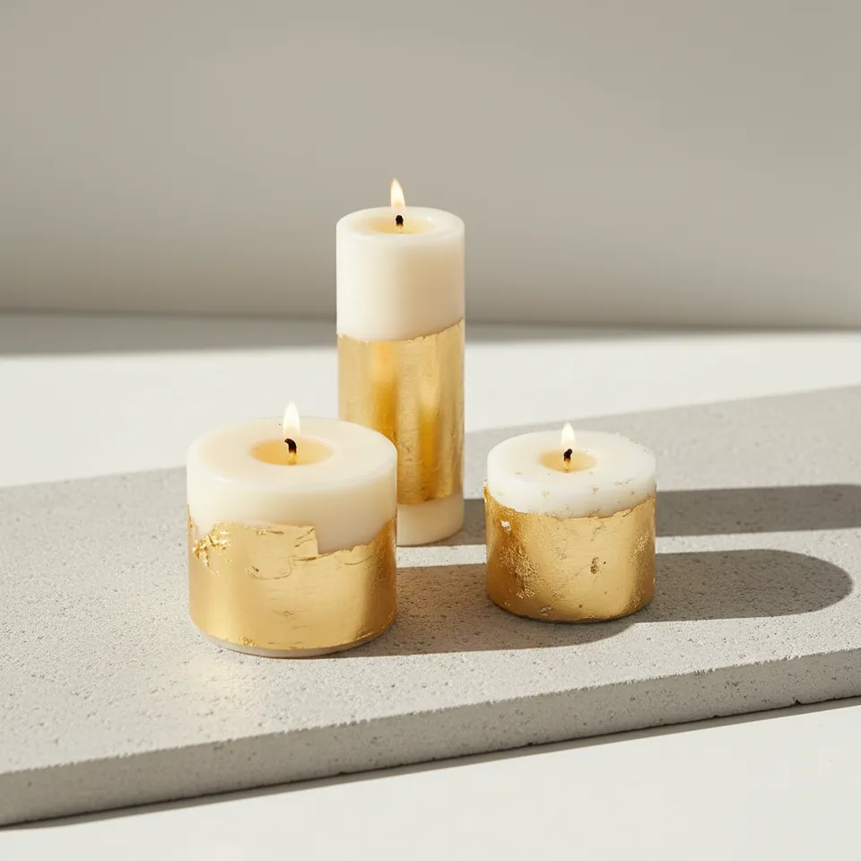 Joy - Set of 3 White Gold Pillar Candles - Cinnamon Roll Scented media 1