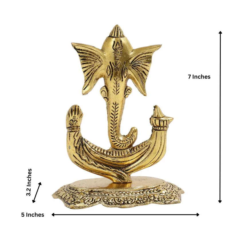 Gold-toned Vinakaya idol front view with measurement graphic