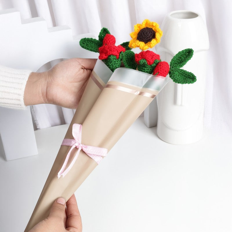 Crochet Handmade Rose & Sunflower Bouquet (Yellow,Red) - Set Of Five