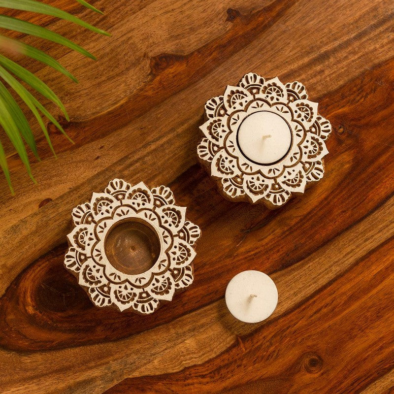 Flora Bright Hand Carved Tealight Candle Holder - Set Of Four