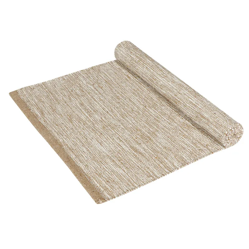 Rolled beige runner rug with a subtle linear textured pattern