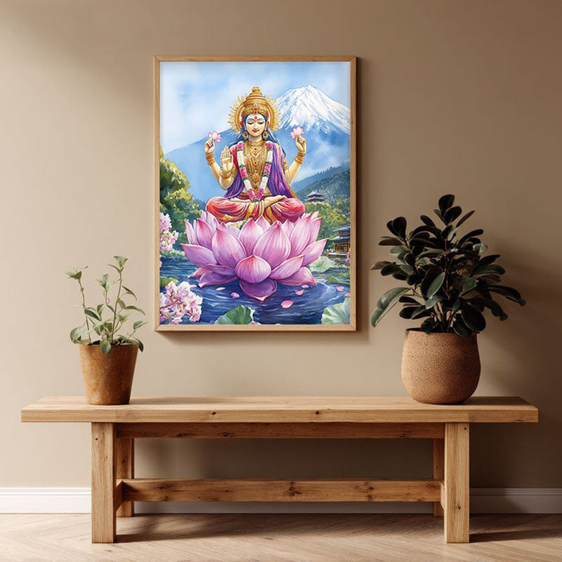 Shree Radhe Shyam Spiritual Archival Paper Wall Painting - Natural Brown Frame