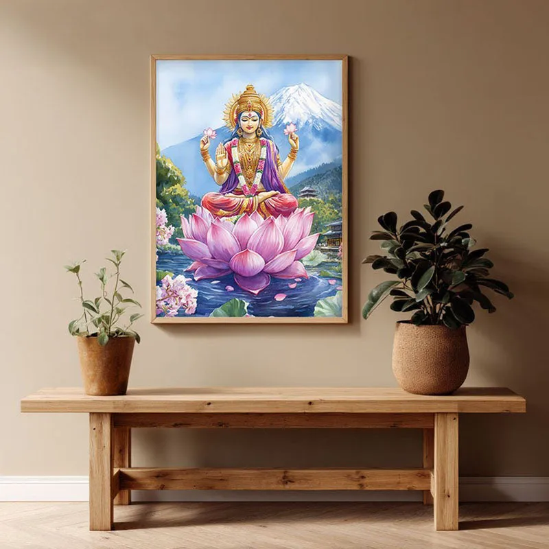 Shree Radhe Shyam Spiritual Archival Paper Wall Painting - Natural Brown Frame media 1