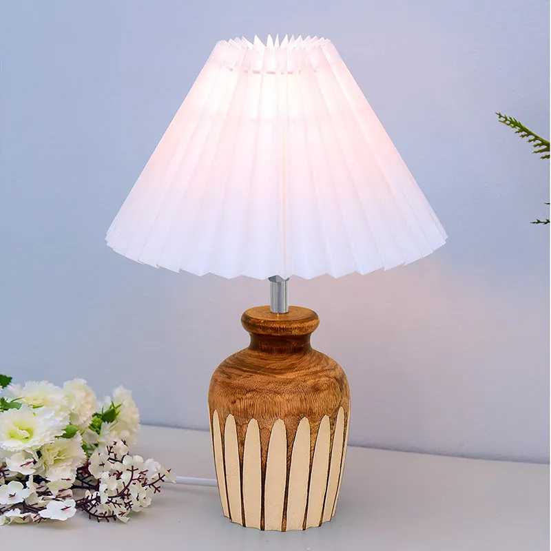 French Pleat Urn Wooden Table Lamp - White,Brown,White media 1