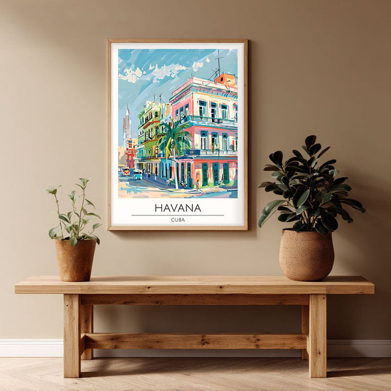 Vintage Havana Framed Canvas Archival Canvas Wall Painting - Natural Brown Frame