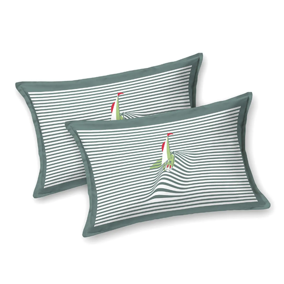 Two grey and white striped pillow covers with colourful sailboat motifs shown separately.