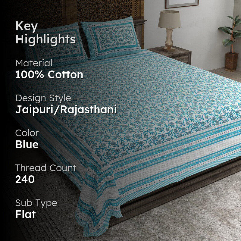 Crafto Cotton Bedsheet (Blue) - 240 TC media 2
