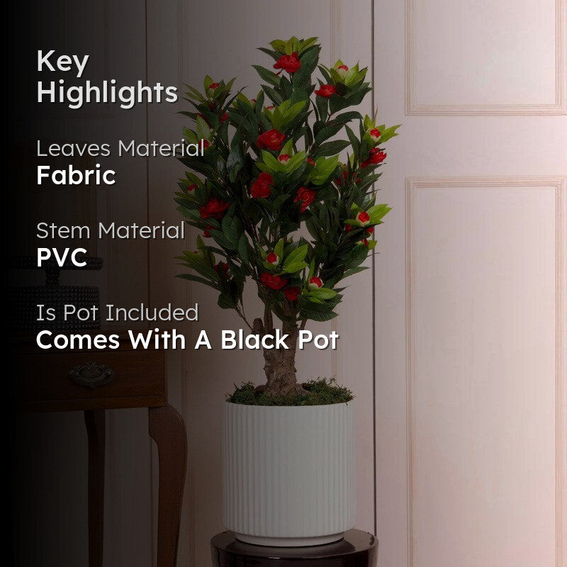 Artificial Red Camelia Rose Plant With Black Fiber Pot - 2.6 Feet media 2