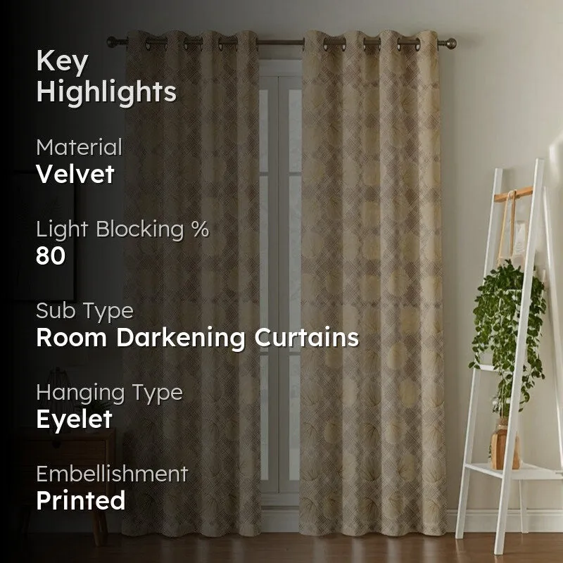 Glow Line Printed Velvet Curtains (Beige,Gold) - Set Of Two media 2