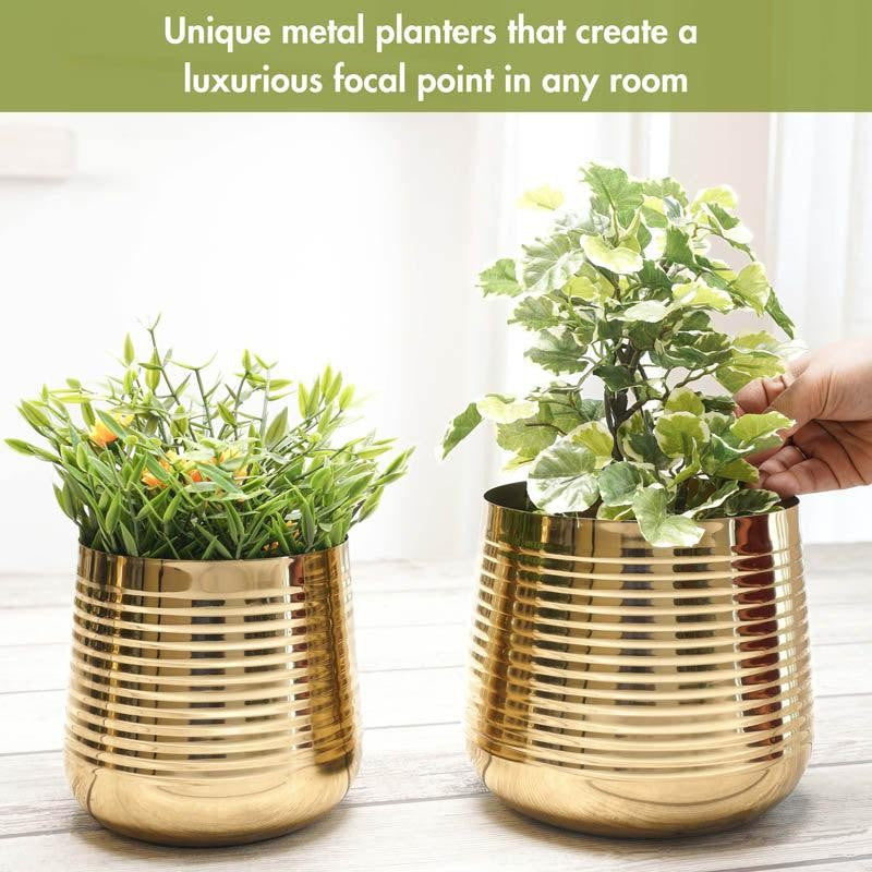 Auric Metal Gold Ribbed Planter - Set of 2 media 8