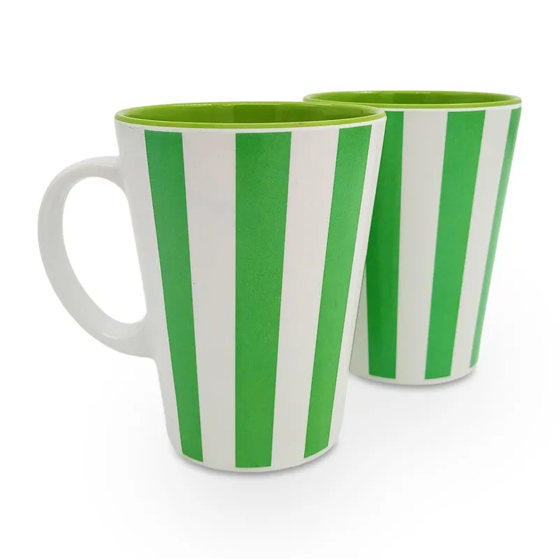 Two green and white striped mugs placed one in front of the other