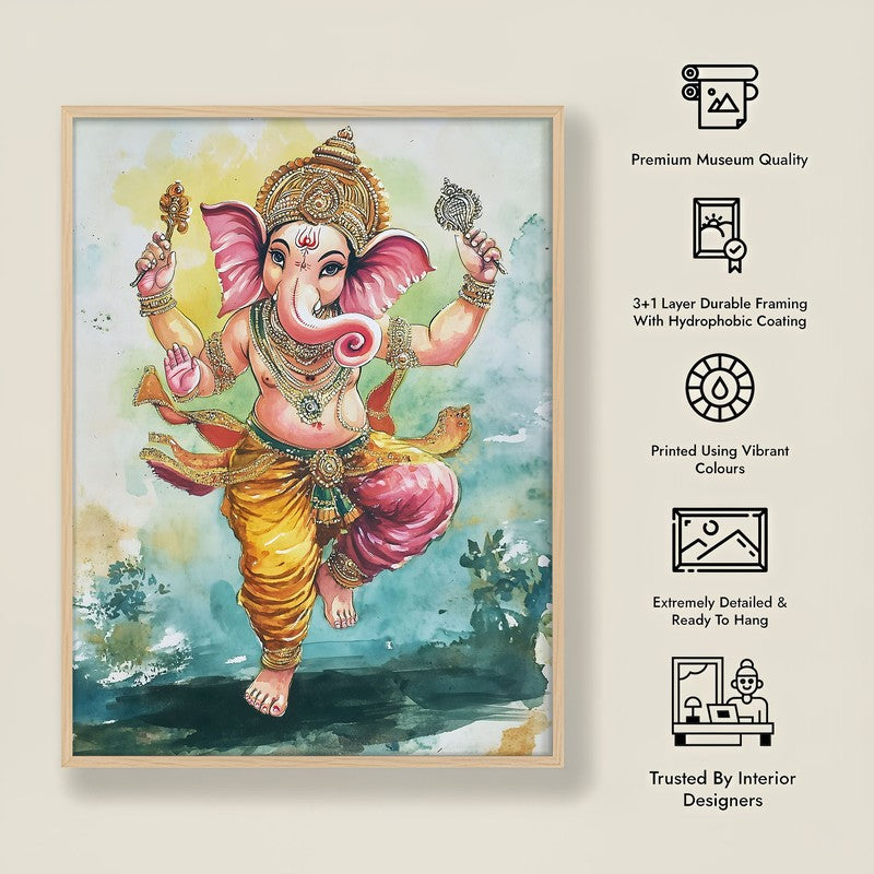 Nritya Ganesha Spiritual Archival Paper Wall Painting - Natural Brown Frame media 9