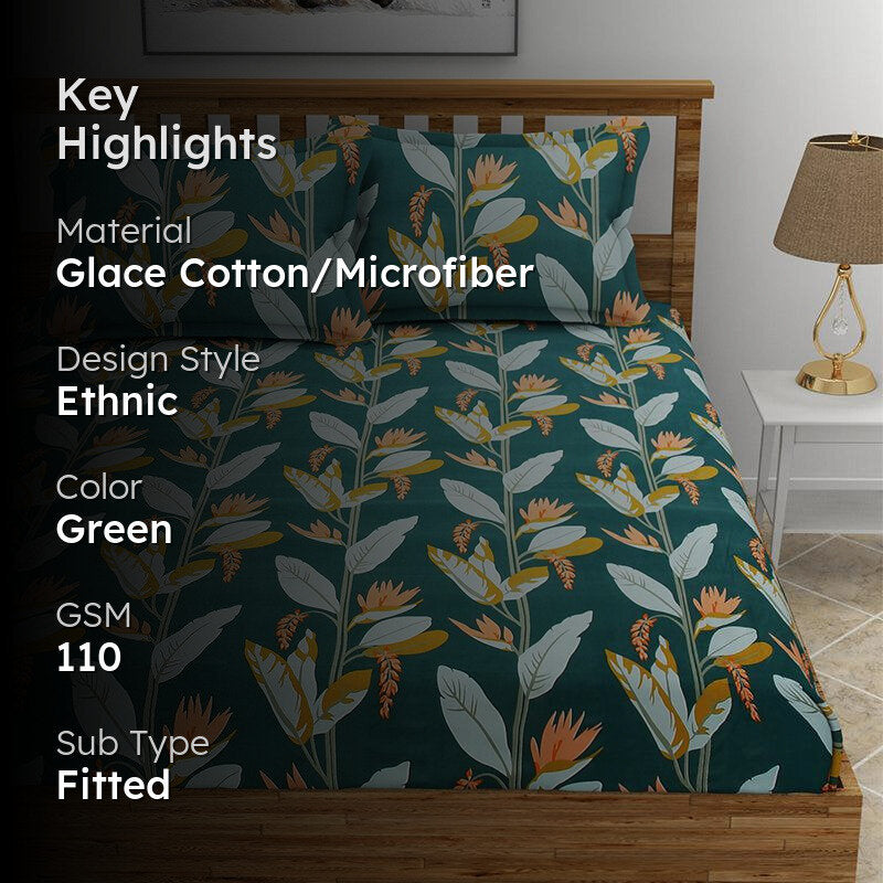 Gilola Floral Fitted Microfiber Bedsheet (Dark Green) - 110 GSM media 2