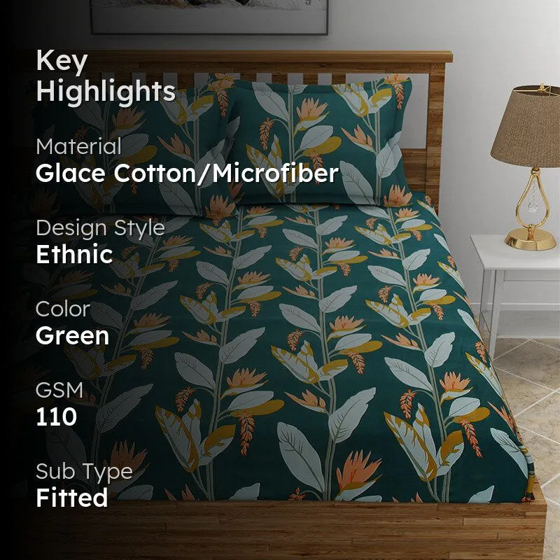 Gilola Floral Fitted Microfiber Bedsheet (Dark Green) - 110 GSM media 2