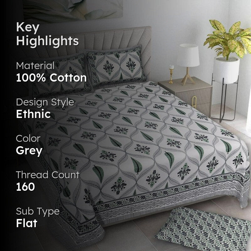 Quade Ethnic Cotton Bedsheet (Grey) - 160 TC media 2