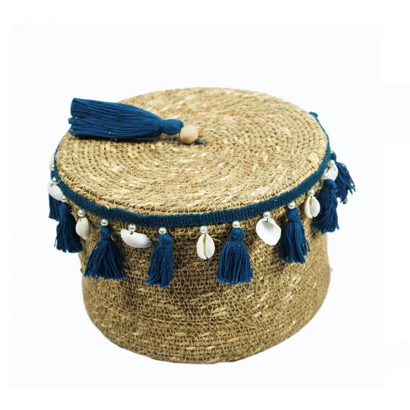 Nivasa Sea Grass Natural Fiber Storage Basket (Blue/Beige) - Set Of Two media 3