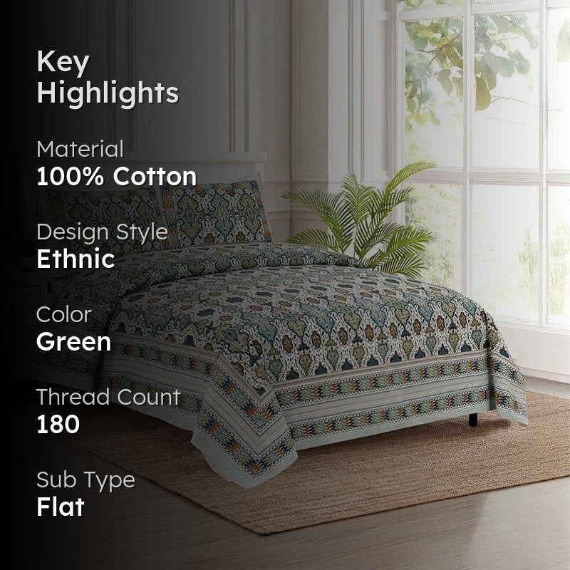 Baneeta Ethnic Bedshhet - Blue & Green Cotton Bedsheet - 180 TC media 2
