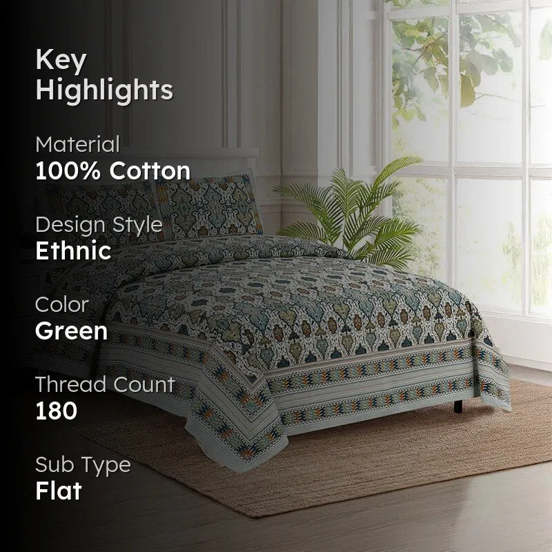 Baneeta Ethnic Bedshhet - Blue & Green Cotton Bedsheet - 180 TC media 2