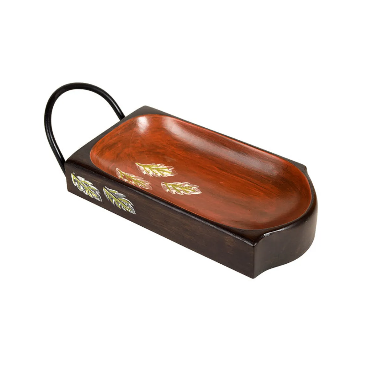 Glossy brown mango wood platter with leaf detailing and a black handle