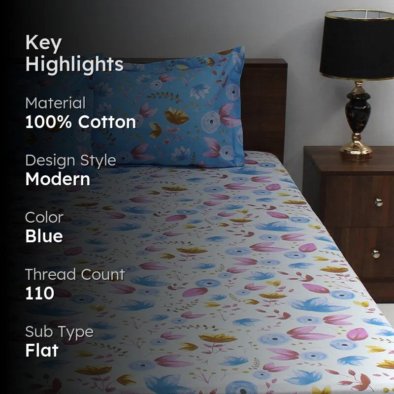Vidhi Floral Cotton Bedsheet (White,Blue) - 110 TC media 2