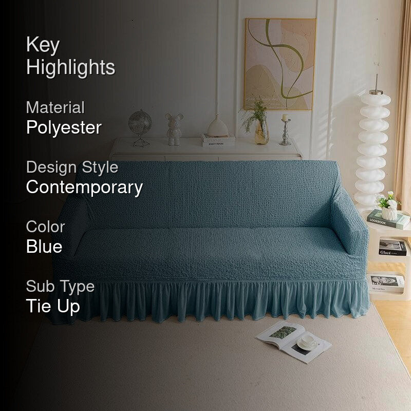 Refined Ruffles Polyester Solid Sofa Cover - Blue media 2