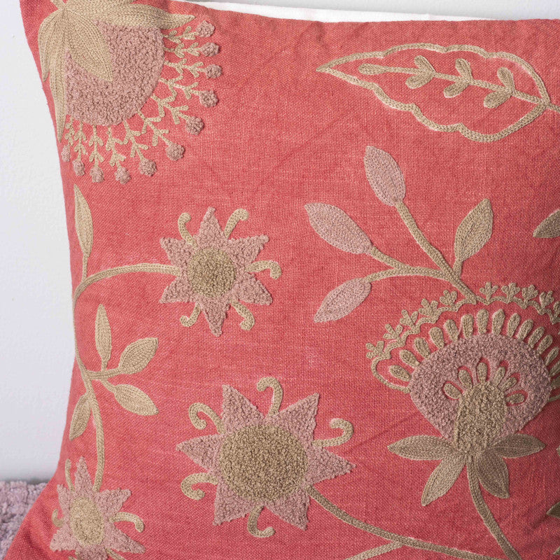 Ruby Buds Embroidered Cotton Cushion Cover media 3