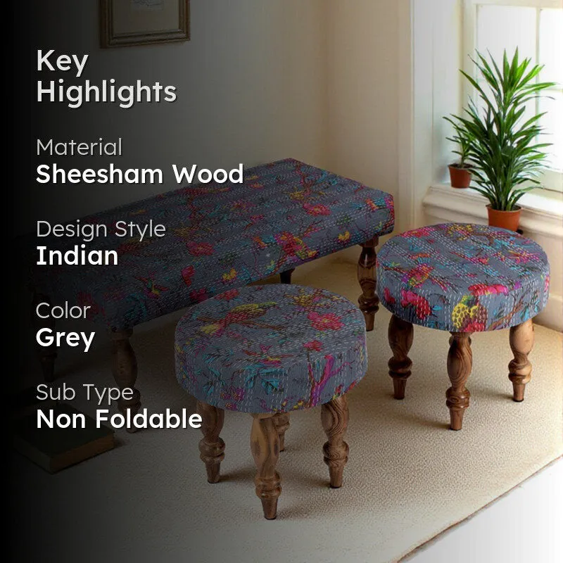 Daxor Sheesham Wooden Bench with Stools (Grey) - Three Piece Set media 2