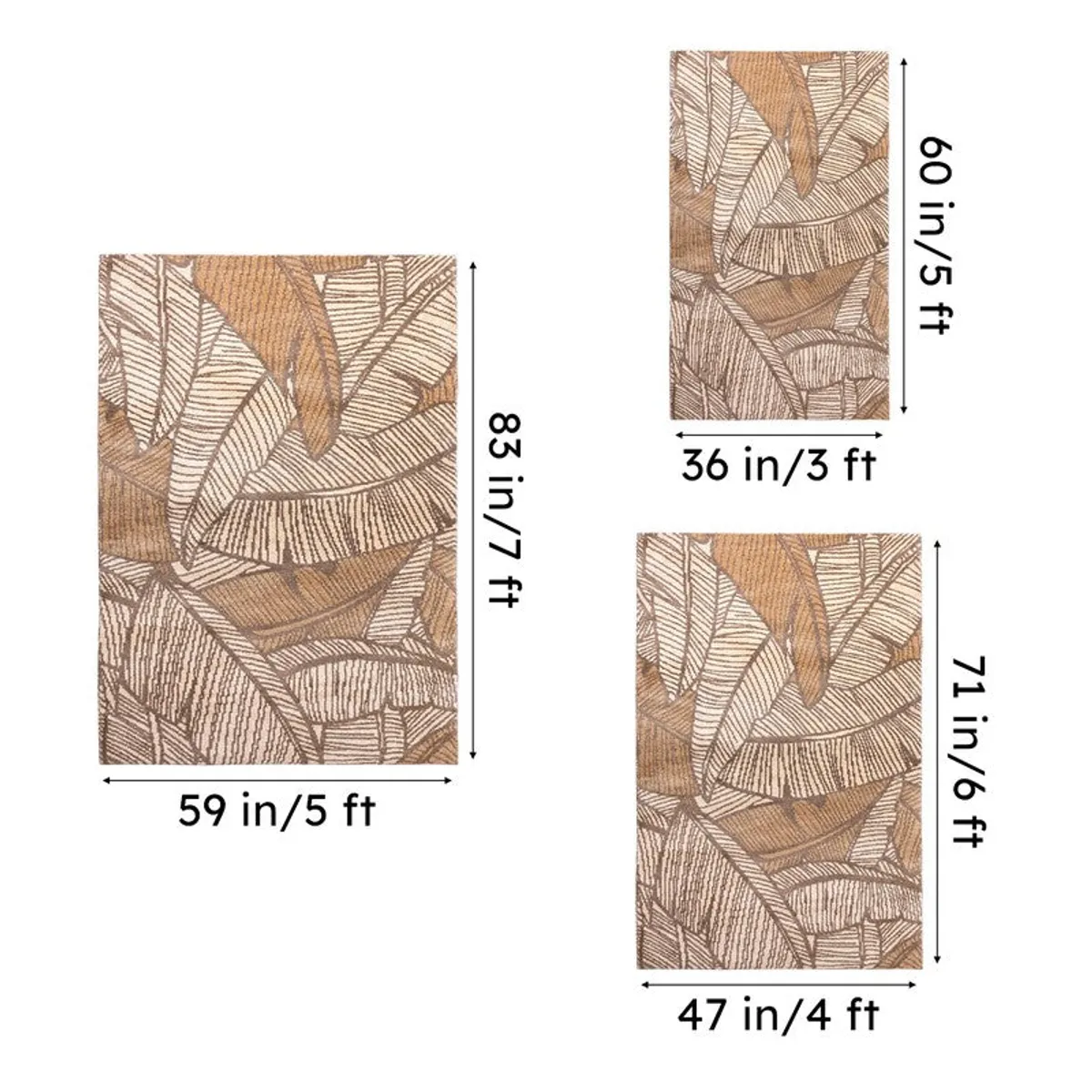 Brown leaf-pattern carpet shown in three size options