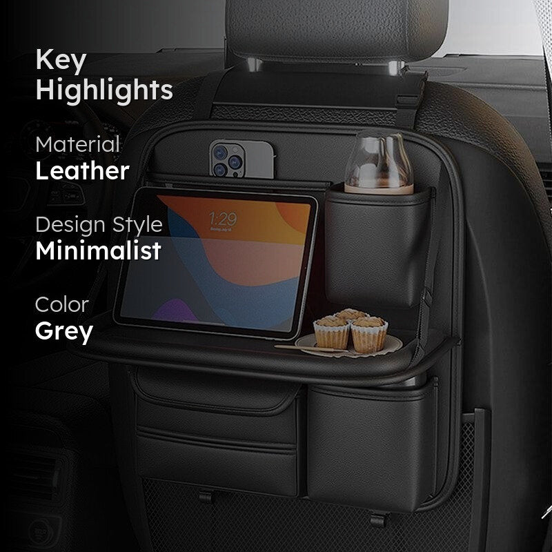 Sleek Seat Leather Car Seat Organizer With Foldable Tray - Dark Grey media 2