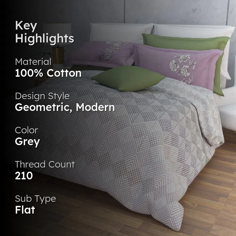 Ozena Geometric Cotton Bedsheet (Grey,Lilac) - 210 TC media 2
