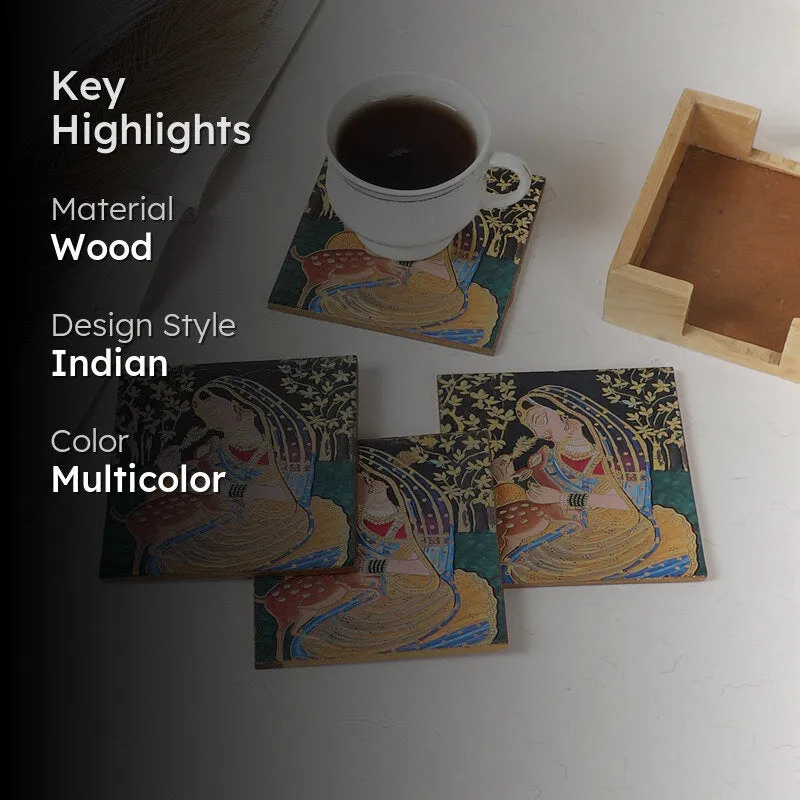 Kalamkari Wooden Costaer with Stand - Five Piece Set media 2