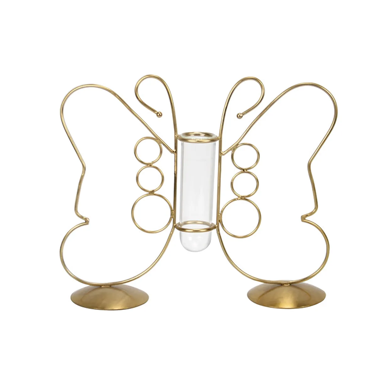 Front view of butterfly-shaped gold metal vase with clear glass tube