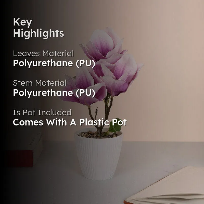 Artificial plant with lilac flowers and plastic pot shown with material highlights