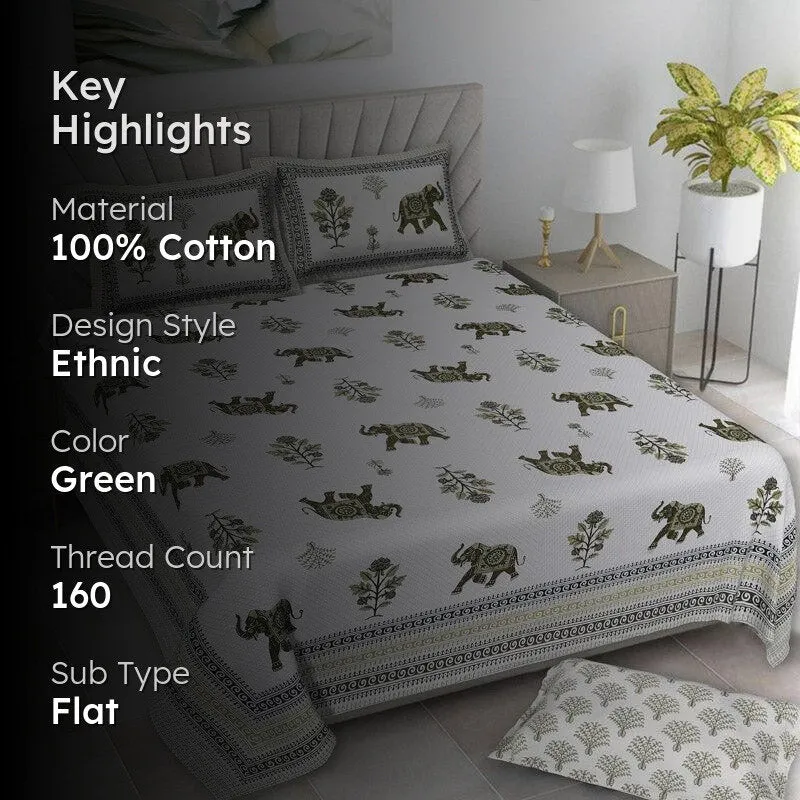 Gajesara Ethnic Cotton Bedsheet (Olive Green) - 160 TC media 2