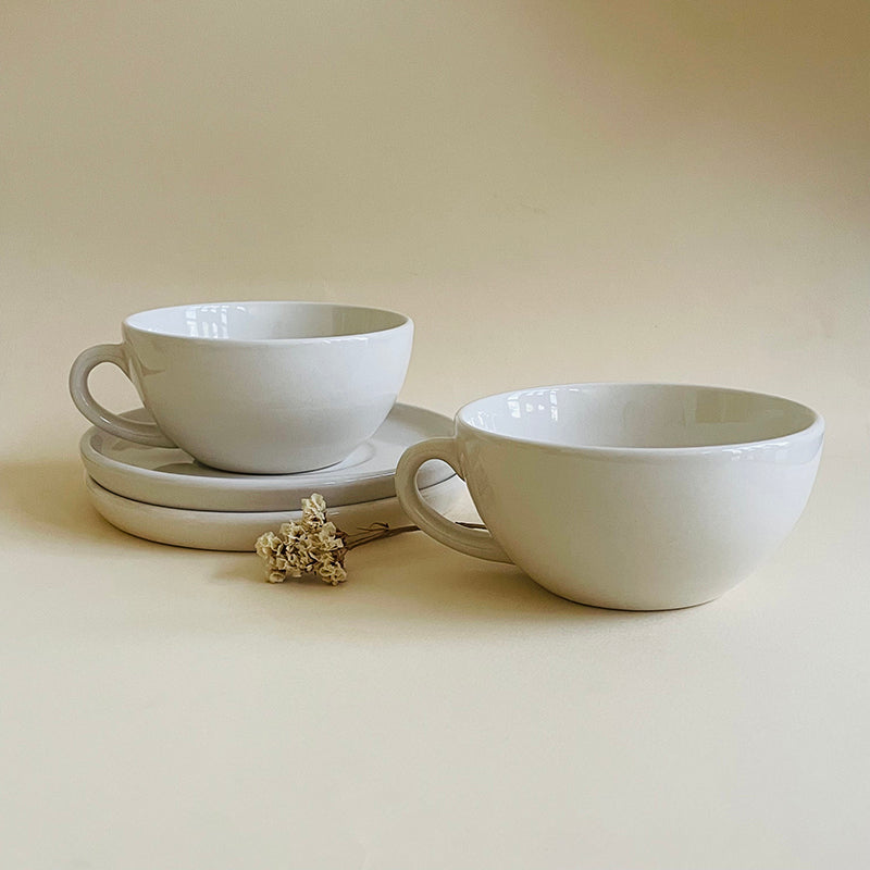 Blush & Brew Ceramic Cup & Saucer (White/320 mL Each) - Set of Two