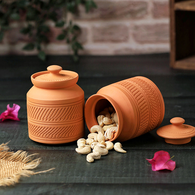 Clay Curve Terracotta Jar (420 mL Each) - Set Of Two