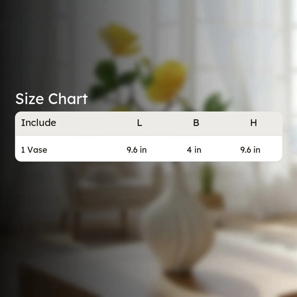 Blurred room scene with a white vase and a table-style graphic overlay.