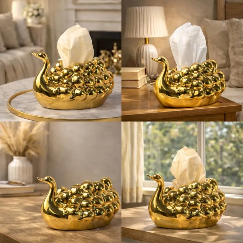 Gold swan tissue holder shown in four room settings
