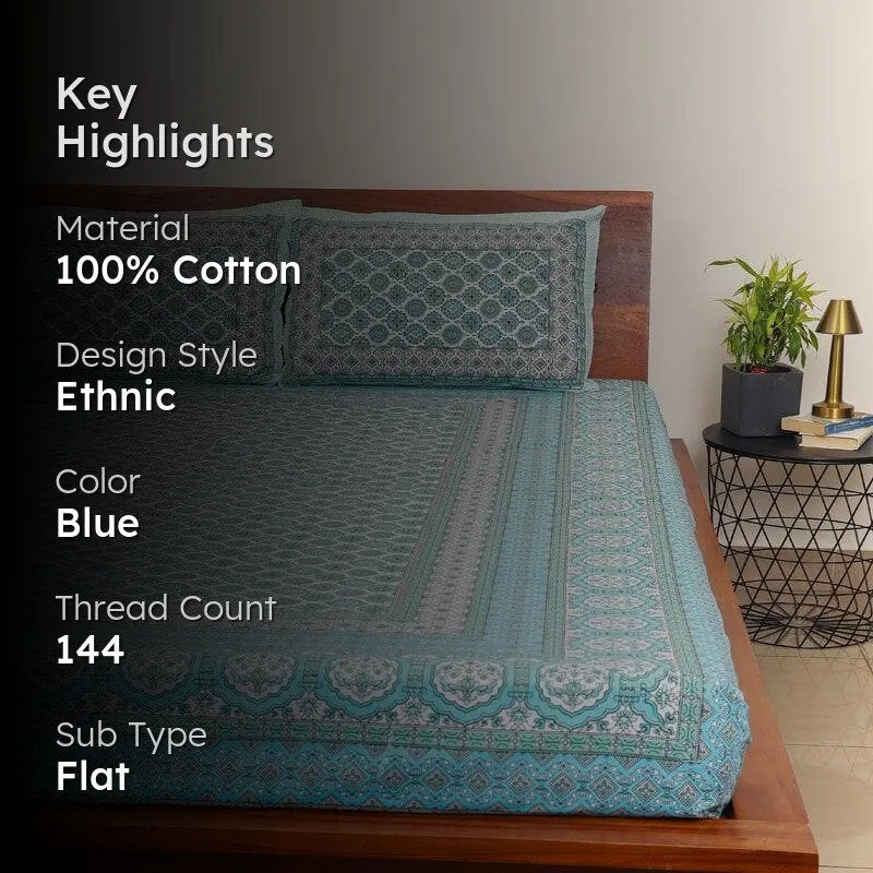 Neelambari Jaipuri Cotton Bedsheet (Sky Blue) - 144 TC media 2