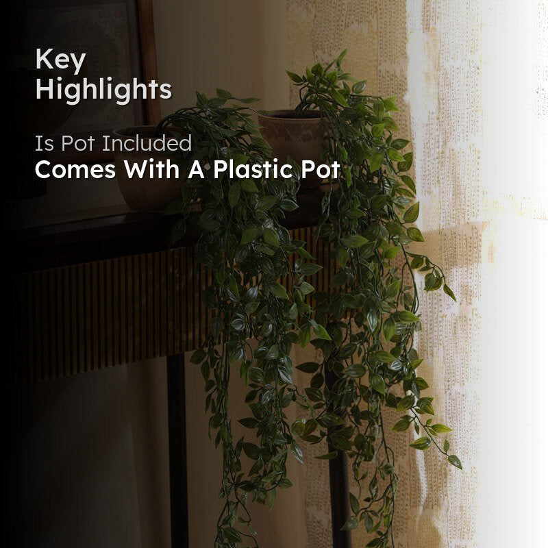 Artificial Leafy Green Hanging Plant With Black Plastic Pot (Set Of Two) - 3 Feet media 2