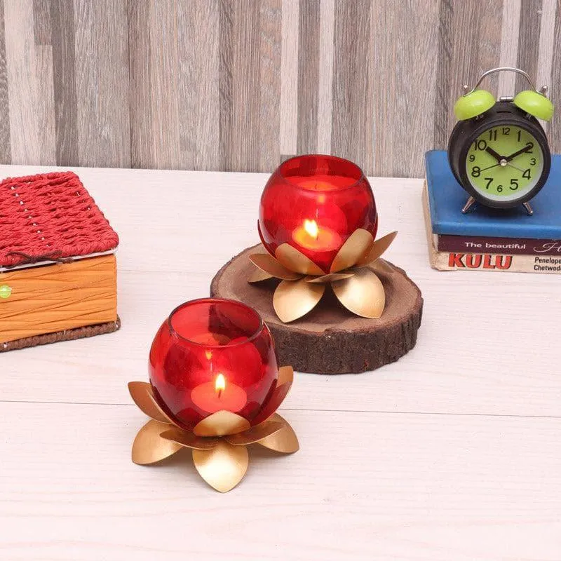 Lotus Tealight Candle Holder (Red) - Set Of Two media 1